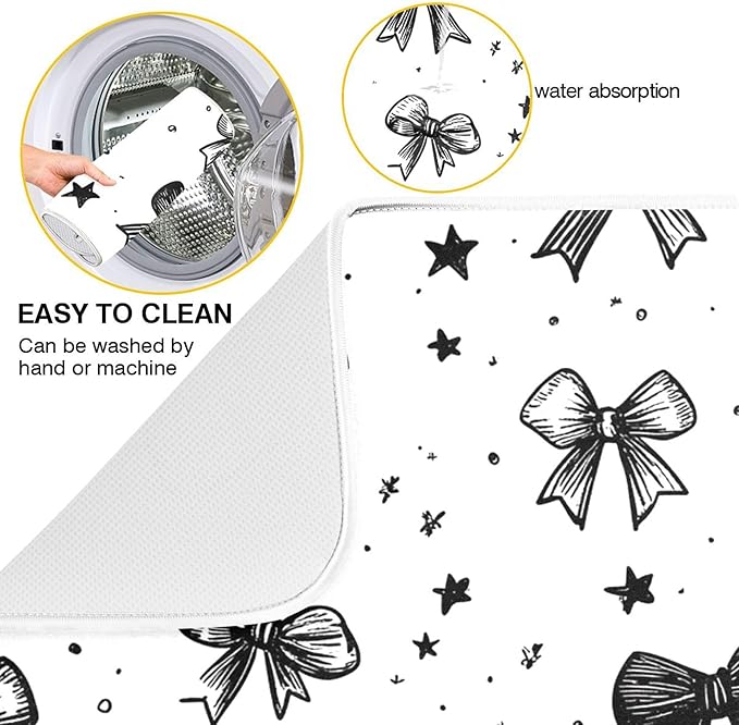 Black White Bowknot Dish Drying Mat for Kitchen Countertop 18x24 Rectangle Bow Large Drying Mat Reusable Quick Dry Dish Sink Absorbent Mats Dishwasher Easy Clean Decorative Home Decor Essentials