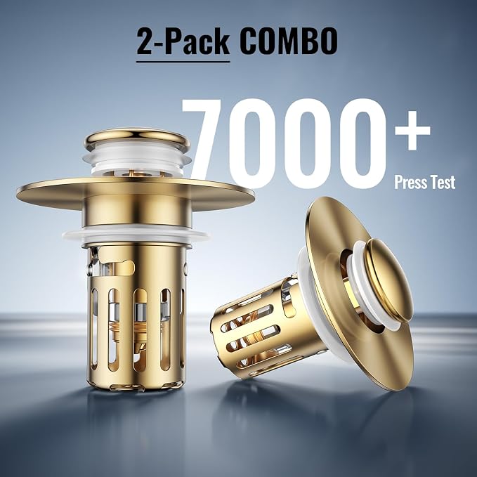 (2 Pc) 1s Installation - All Metal Bathroom Sink Stopper Fit 99% - 3 in 1 Universal Pop Up Stopper with Removable Stainless Steel Filter Basket Hair Catcher - Sink Stopper (Golden)