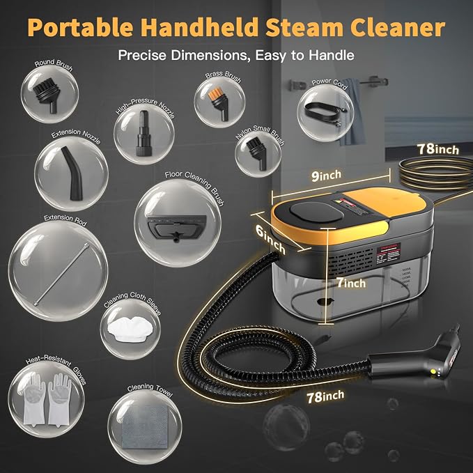 Gautye Steam Cleaner, 3 Level Adjustable Handle Yellow | 1.69 Quarts Tank, 15s Heat Up, Handle Steam Cleaner for Home, Steamer for Cleaning for Kitchen