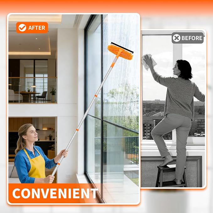 109" Window Cleaning Squeegee Kit, Professional 2 in 1 Squeegee Window Cleaner with Extension Pole, Window Washing Kit with 2 Blade 2 Pads for Indoor & Outdoor High Windows Car Glass