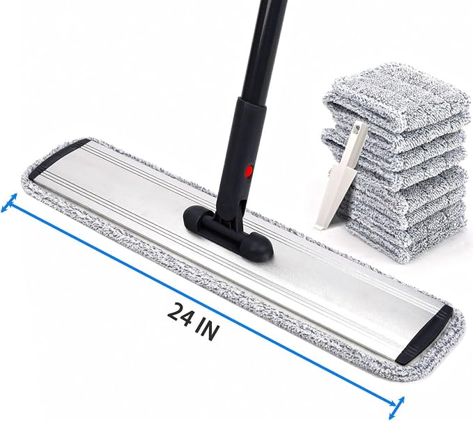 24 Inch Flat Floor Mop Heavy Duty Microfiber Wet Mop Commercial Mop | 4 Cloths Included Long Handle Made of High-quality Aluminum Frame Lightweight