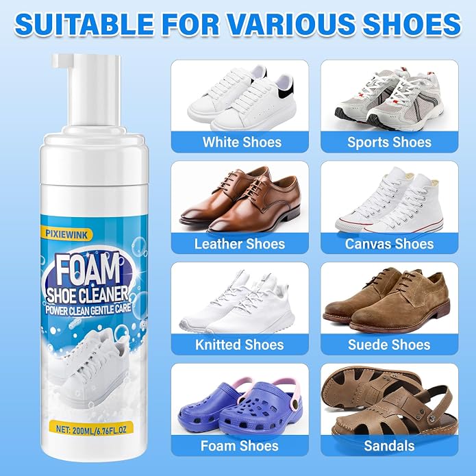 Shoe Cleaner, 6.76 fl oz Shoe Cleaning Kit with Brush and Towel, White Sneaker Cleaner for Removing Stains | Includes Brush & Towel, Removes Dirt & Stains from White Shoes, Sneakers, Leather, Canvas & Mesh, 6.76 fl oz