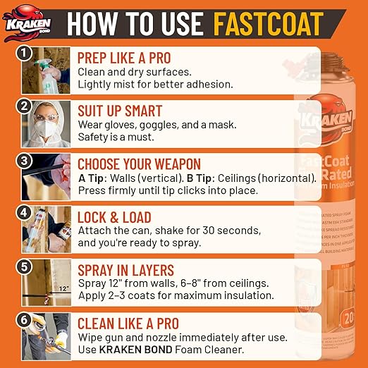 Kraken Bond Fastcoat Fire Rated Spray Foam Insulation Closed Cell in a Can 480 sq ft (24x27.1 oz.) (R-Value 11.32 / 2in) - Spray Foam for Garage Door, Attic, Wall Gun & Cleaner Not Included, 24 Pack