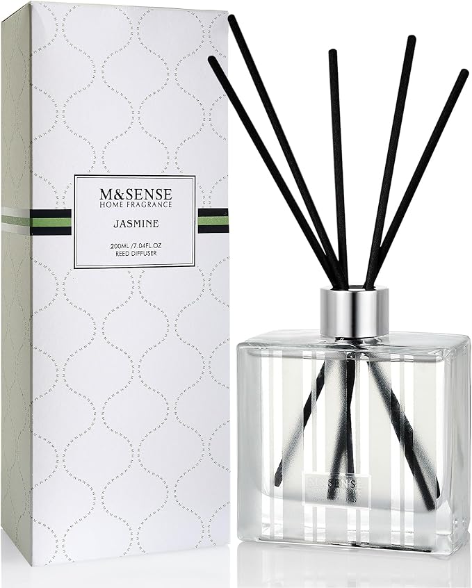 M&SENSE Reed Diffuser Set, Jasmine, 7.04 oz Natural Essential Oil | Non-Toxic Organic, Long-Lasting Fragrance, Ideal for Living Room, Bedroom, Gifts for Women