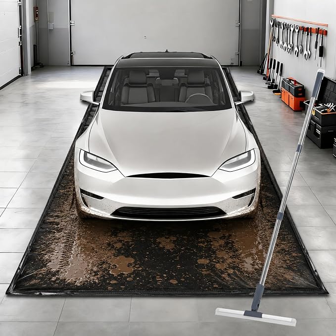 7'9" x 18' PVC Waterproof Garage Floor Mat with Floor Squeegee | Heavy Duty 1300D PVC Containment Mat, Waterproof Protection from Snow, Rain and Mud for Cars