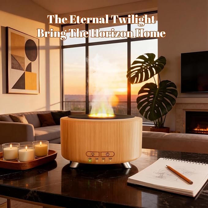 500ML Retro Vinyl Essential Oil Diffuser for Home | 3D flame effect & 9 colors. 500ml tank lasts 14H for deep sleep. BPA-free with auto-off ensures safety for babies and pets.