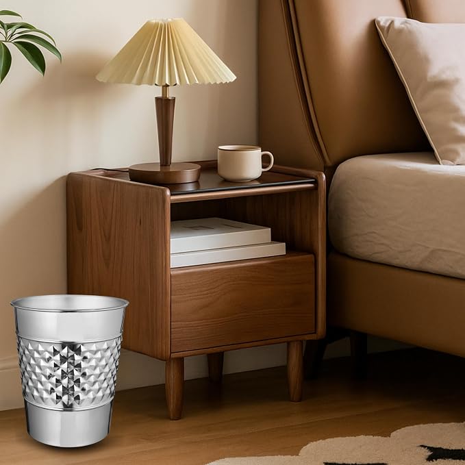 Monarch Abode Metal Bathroom Trash Can – Waste Basket for Bedroom, Office Desk, & Dorm, Handcrafted Geo Embossed, Durable Decorative Nickel Chrome Small Trash Can Bathroom Garbage Bin Wastebasket
