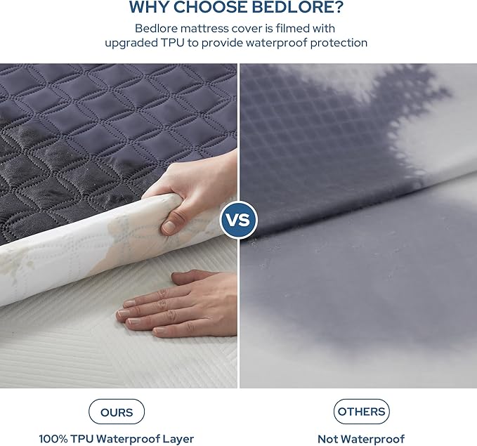 BEDLORE Waterproof Mattress Protector, King Size Noiseless Mattress Pad with Deep Pocket 6"-18" Depth, Soft Breathable Bed Mattress Cover Washable for Home, Bedroom, Hotel (Navy Blue)