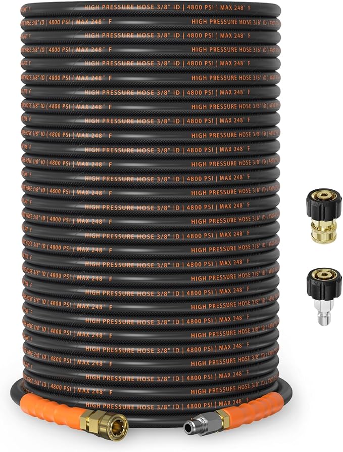 3/8" ID Pressure Washer Hose 200 ft, 4800 PSI Steel-Braided & Durable - Flexible & Kink-Resistant, Power Washer Hose with Swivel Quick Connect & M22-14mm Adapter, Hot/Cold Water Compatible