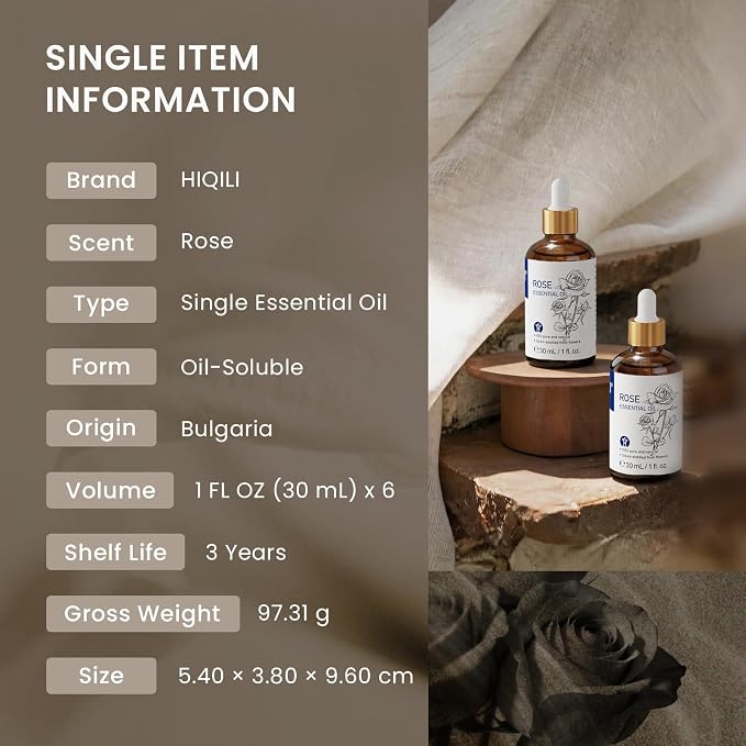 HIQILI Rose Fragrance Oil Set, 6-Pack for Skin, Diffuser & DIY Use | Bulk Pack for Business & Holiday Gifting, Pet Safe & Long Lasting for DIY Candle & Soap Making - 30mL / 1.01 fl oz