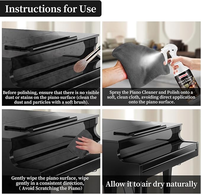 Piano Cleaner and Polish, Clean, Wax and Protect Glossy All in One Bottle Restore the Shine, Remove Fingerprints and Stains, and Enhance the Brightness of the Wood or Lacquer Finish, 8.45 Fl Oz | Remove Fingerprints,and Enhance the Brightness of the Wo...