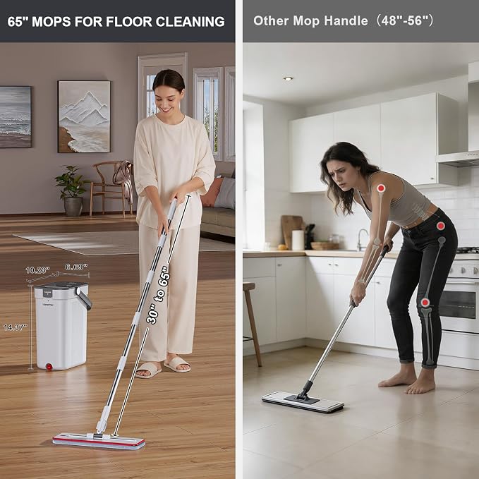 HoMettler Mop and Bucket Set, 3-Tank Flat Mop and Bucket System for Separate Dirty & Clean Water, 65" Mops for Floor Cleaning with 8 Washable Pads, Safe for Hardwood, Vinyl, Tile, Baseboards, Walls