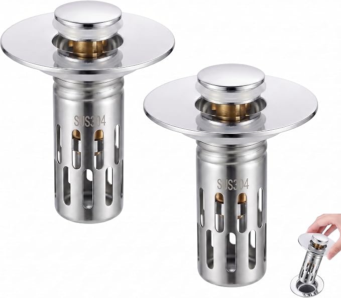 Chrome Bathroom Sink Drain Strainer, Upgraded 3 in 1 Universal Pop Up Stopper with Removable 304 Stainless Steel Filter Basket or Hair Catcher, Bullet Core, Sink Plug for 1.1''~2.36'' Basin, 2 PCS