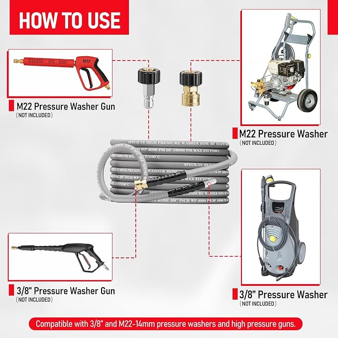 SPECILITE 25FT×3/8" Pressure Washer Hose for Hot & Cold Water Max 212℉, 4000 PSI High Durability Steel Braided Layer Power Washer Hoses with 2 M22-14mm QC Adapters, Heavy Duty and Kink Resistant