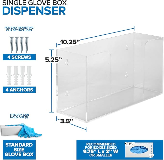 Stock Your Home Acrylic Single Gloves Dispenser, Tissue Box Shelf, Glove Holder Wall Mount, For Kitchen, Cleaning Closet, Lab, Exam, Office