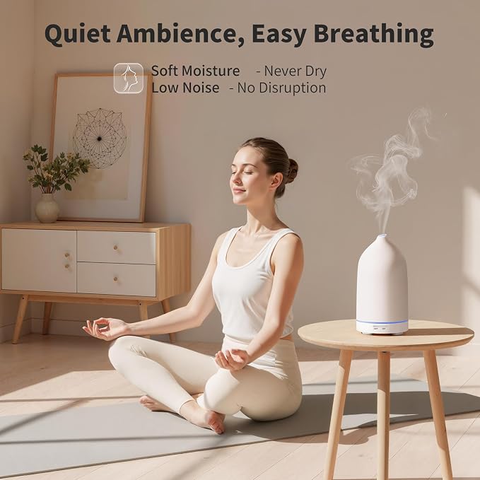 URPOWER 120mL Ceramic Essential Oil Diffuser with Quiet Mist & Auto-Off | Ultrasonic Mist with 2 Mist Modes and 7-Color LED Lighting for Bedrooms, Offices and Daily Aromatherapy