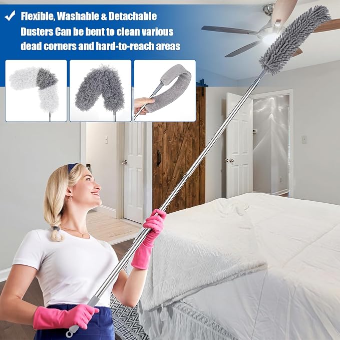 9PCS Dusters for Cleaning,Extendable Microfiber Duster with Extension Pole Up to 100'',Bendable Washable and Reusable Dusters Kit for Ceiling Fans, High Ceilings,Blinds,Furniture and Cars | Bendable Washable and Reusable Dusters Kit for Ceiling Fans, H...