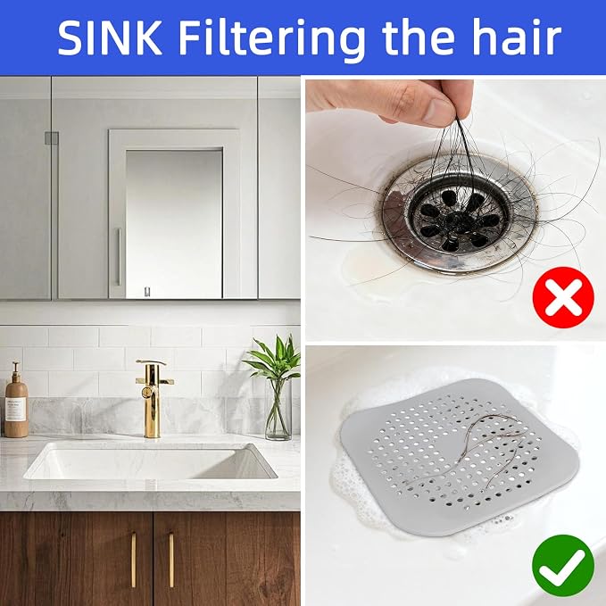 Bathtub Drain Hair Catcher 4 Pack, Silicone Stopper with Suction Cup | Fits shower & kitchen sink drains, prevents clogs, reusable, easy to clean, durable, grey, fits flat & square drains