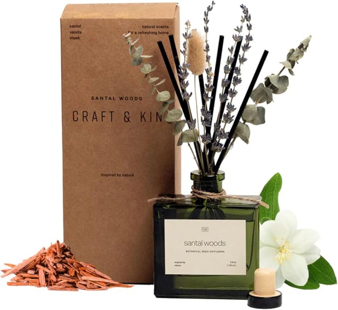 Craft & Kin Premium Santal Woods Reed Diffuser with Dried Flowers – 5 oz Essential Oil Diffuser for Home & Bathroom – Long-Lasting Fragrance Diffuser Sticks – Room Decor Air Freshener