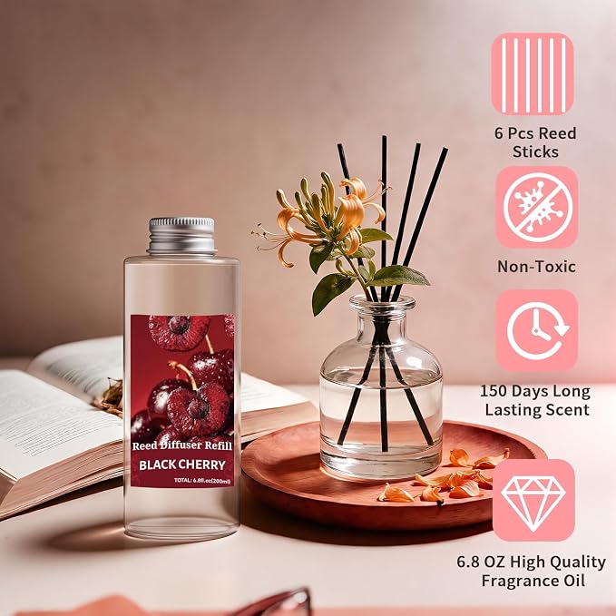 STRN Reed Diffuser Oil Refill, Black Cherry Scented Diffuser 200ML | Summer Long-Lasting Fragrance for Living Room, Bedroom, Office, Home Décor
