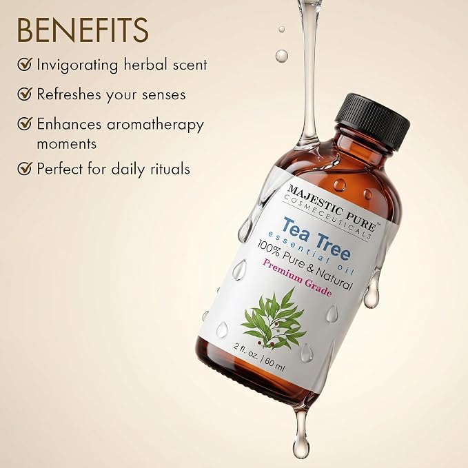 Majestic Pure Tea Tree Essential Oil for Diffuser - 2 Fl Oz | 100% Pure & Natural Ideal for diffuser use, aromatherapy, massage, soap making, candle making home fragrance