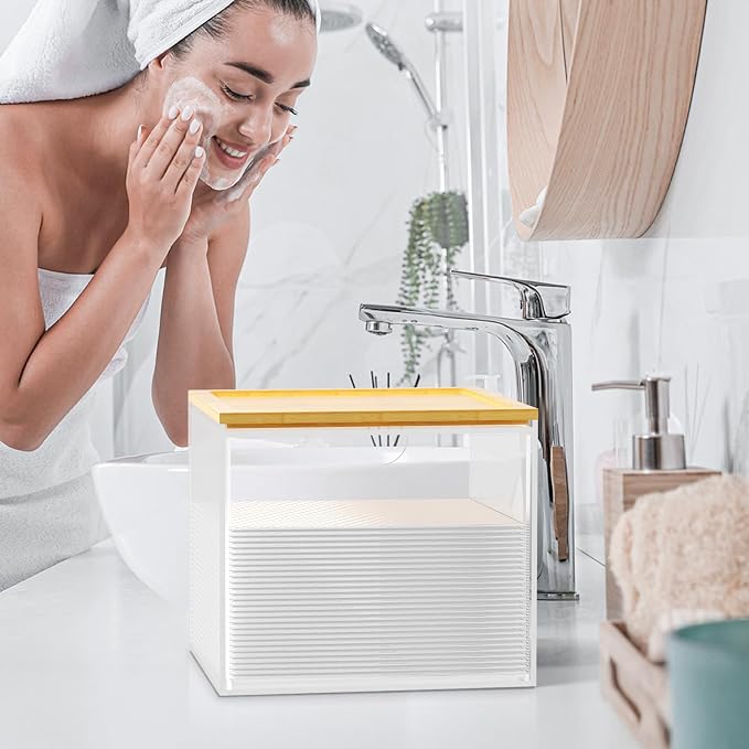 VITVITI Drawer Disposable Face Towel Holder Box, Acrylic Storage, Clear | Face Towels Holder Container for XL Clean Skin Club, Facial Towel Storage with Bamboo Lid, for Bathroom, Vanity Makeup