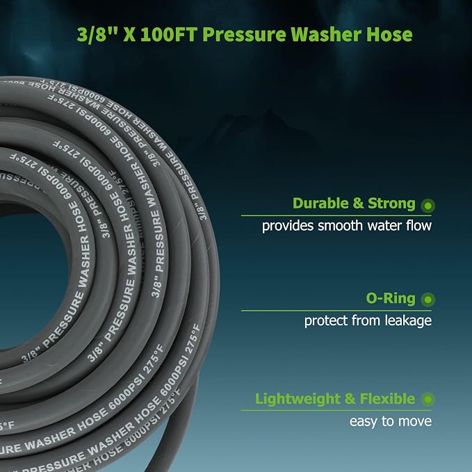 SCITOO 3/8" Pressure Washer Hose 100ft 6000psi 2-Braid Grey Hot Water Pressure Washer Hose