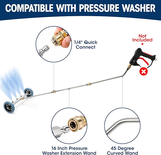 16 Inch Undercarriage Pressure Washer Attachment, Pressure Washer Undercarriage Cleaner, Under Car Washer Attachment with 3 Extension Wand, 4000 PSI