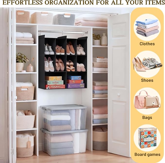 3 Tier Hanging Closet Organizer, 10 Compartments Dual Row Storage, Black | Closet Organizers and Storage with Large & Small Pockets, 3 Sturdy Hooks Support Heavy Loads, for Dorm, RV, Garment Rack