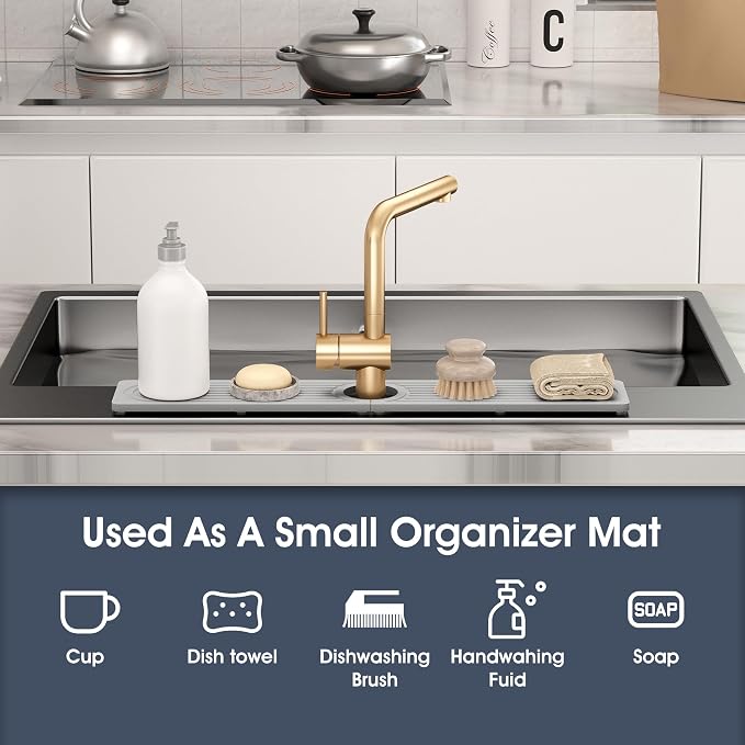 Quick Drying Stone Faucet Mat for Kitchen Sink - Diatomite Sink Mat Absorbing Stone Tray for Bathroom Counter, Sink Faucet Splash Guard Water Protector Matt for Kitchen Counter(Light Gray, 14" x 3.9")