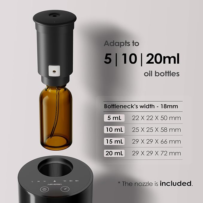 Airversa AN6 Waterless Essential Oil Diffuser Starter Kit, Black | 4 x 10mL Fragrance Oi, Up to 600 sq ft, Battery Operated, Portable for Home Car Office, AN6Kit-4x10-02