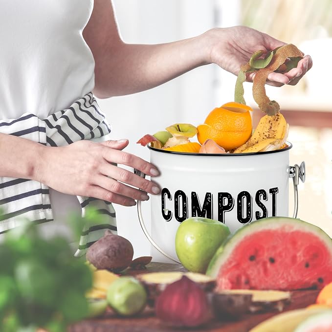 Granrosi Compost Bin Kitchen Counter, 1.3 Gallon, 3 Charcoal Filters | Countertop Composter Pail with Lid, Stainless Steel Counter Top Bin, Rust-Free Farmhouse Indoor Compost Bucket, White Oval
