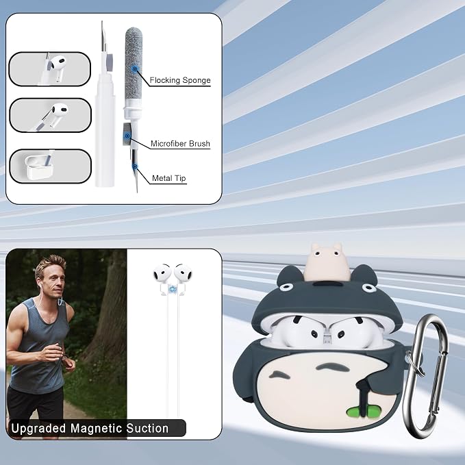 Cute Cover for AirPods 4th Generation Case 2024 - Cartoon Funny Animal Silicone Protective Cover Accessories Set for AirPods 4st Case with Magnetic Strap&Cleaning Pen Kit for Boy Girl, Grey Cat