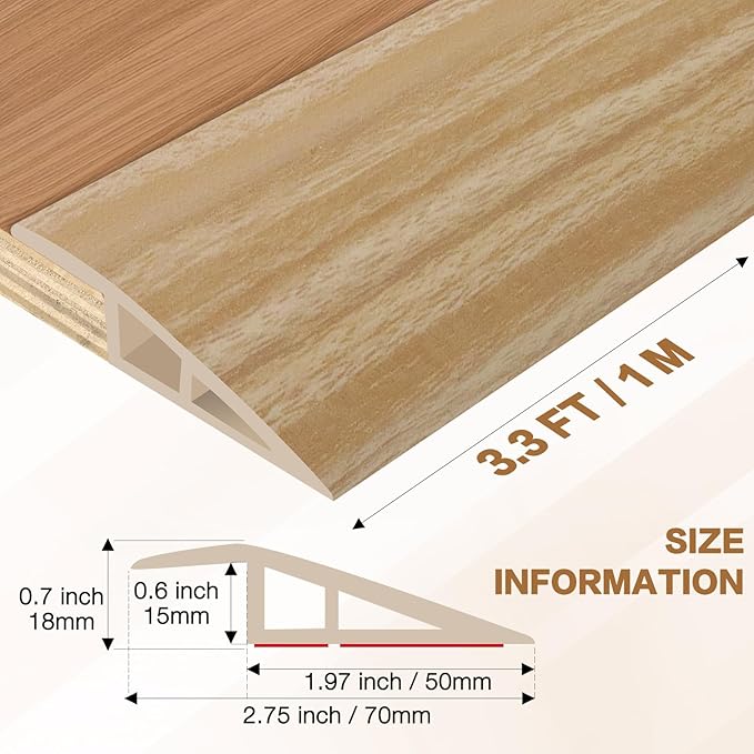 Floor Transition Strip Vinyl Door Threshold Ramp Self Adhesive Carpet Edging Strip Doorway Edge Trim, Overlap Edge Reducer for Laminate Carpet, Floor, Tile (Light Yellow Grain, 2/5" to 3/5", 3.3Ft)