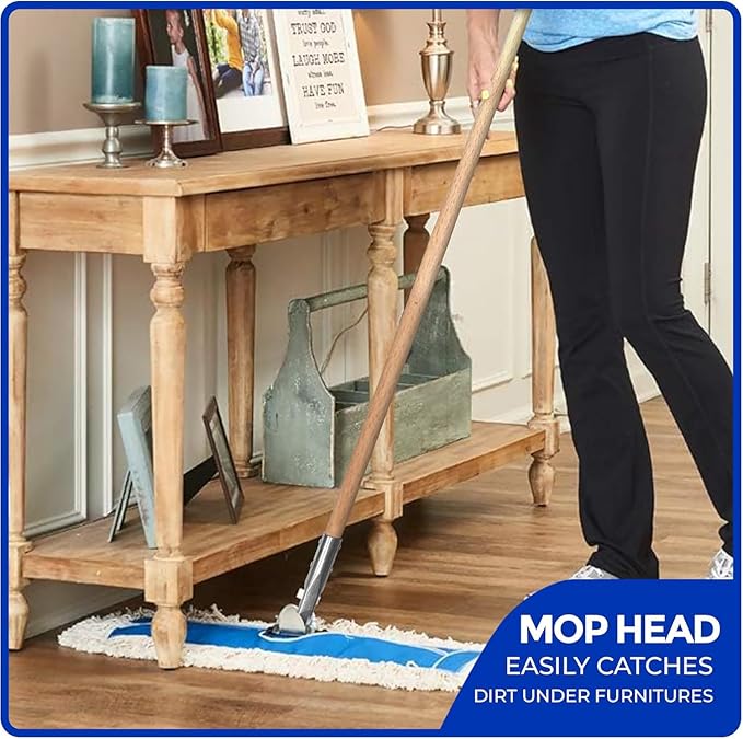 Nine Forty 24" Premium Cotton Dust Mop Kit - Heavy Duty Mop Head with Wood Handle for Industrial, Commercial, and Residential Cleaning - Dry Floor Duster for Hardwood Surfaces - White