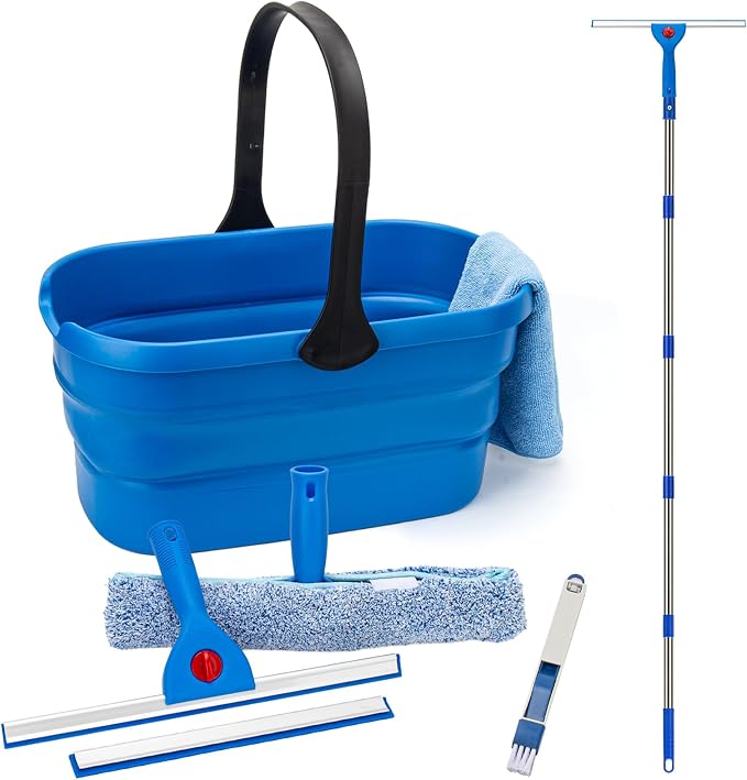 Window Squeegee Kit with 3 Gallon Collapsible Bucket, 5.5 Ft Long Handle Windows Washing Tools for Home and Outdoor Glass, Car Windshield Cleaning Supplies