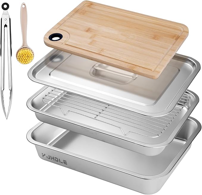 Grilling Prep and Serve Trays,Stainless Steel Large Capacity Food Prep Trays with Lid, Cutting Board Cooling Rack Food Tongs and Cleaning Brush,BBQ Accessories Gift
