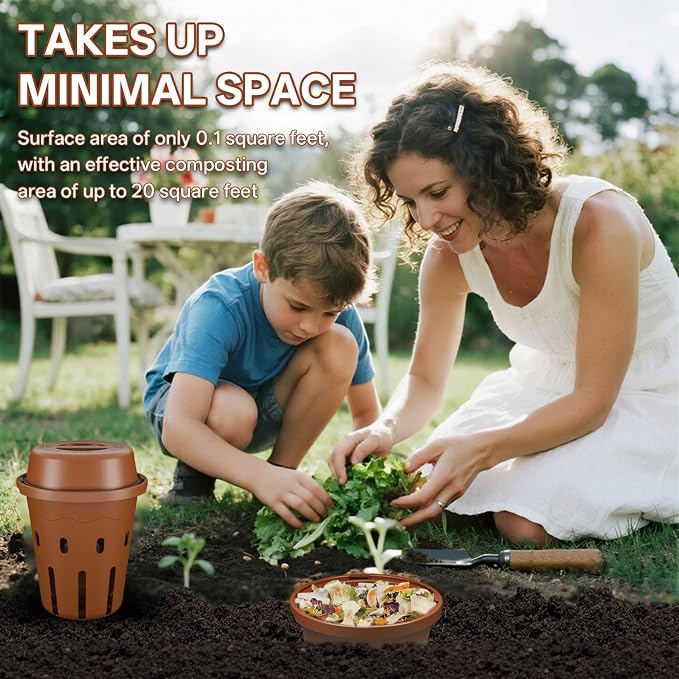 Inground Worm Composter, Mini Underground Worm Farm for Garden Beds, Outdoor Worm Compost Bin for Food Waste, Vermicomposting Bin for Beginners, Elderly, Children (7x7x7.4Inch), Tan, 4-Pack
