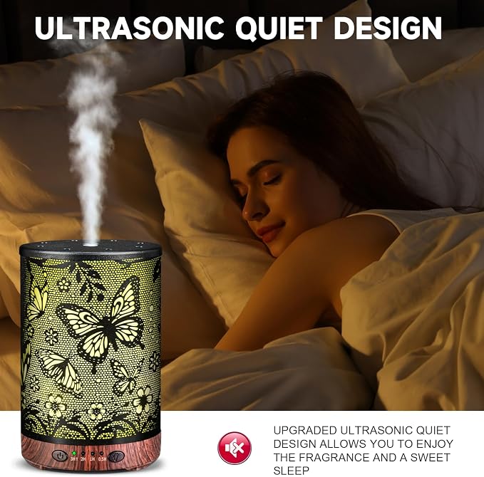 Essential Oil Diffuser 120ML Metal Aromatherapy Diffuser with Timer, Cool Mist Humidifier with Auto Shut-Off & 7 Color Lights for Home Office Spa (Big Butterfly)