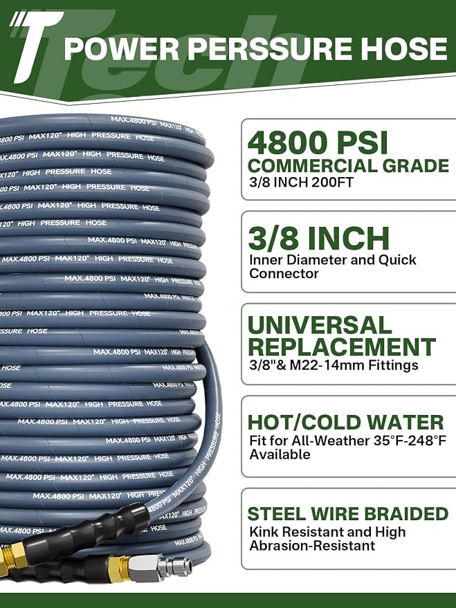 3/8" 4800PSI Pressure Washer Hose 25FT with Swivel Quick Connect for Cold/Hot Water Max 248°F, Kink Resistant Steel Wire Braided, Wear Resistant Power Washer Hose with M22 14mm Adapter