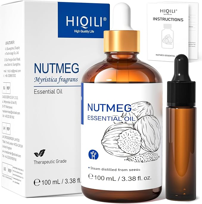 HIQILI Nutmeg Essential Oil for Aromatherapy Diffuser,Massage & Skin Care | Brings Warm Comfort Aroma for Diffuser & Body Massage, Perfect for Home Scent & DIY Fragrance Craft -100ml / 3.38 fl oz
