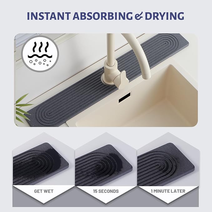 Faucet Mat for Kitchen Sink with Raised Feet, Quick Dry Stone Sink Mat Around Faucet, Water Absorbent Stone Tray, Sink Splash Guard & Protectors, Stone Drying Mat for Kitchen Counter