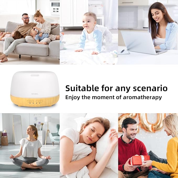 SEEDSEEL 300ML Essential Oil Diffuser,Quiet 8 Hours Operation, 7-Color LED Light, 4 Timer, Remote Control, Aromatherapy Diffuser Auto-Off, for Bedroom, Living Room, Office, Home