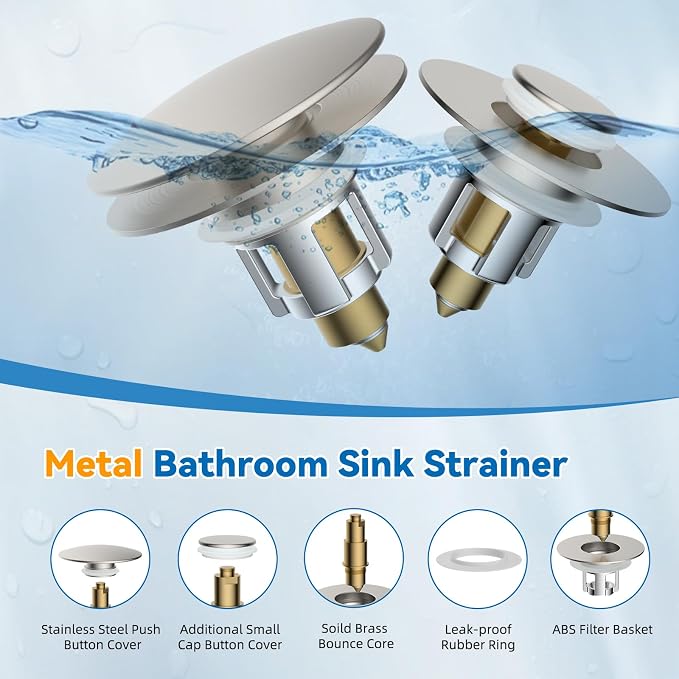 Universal Metal Bathroom Sink Stopper Hair Catcher Strainer, Brushed Nickel | Pop-Up Sink Drain Strainer with Detachable Filter, Drain Plug Fits 1.1"-2.36" US Basin, Large Cover Cap, Brass Bounce Core