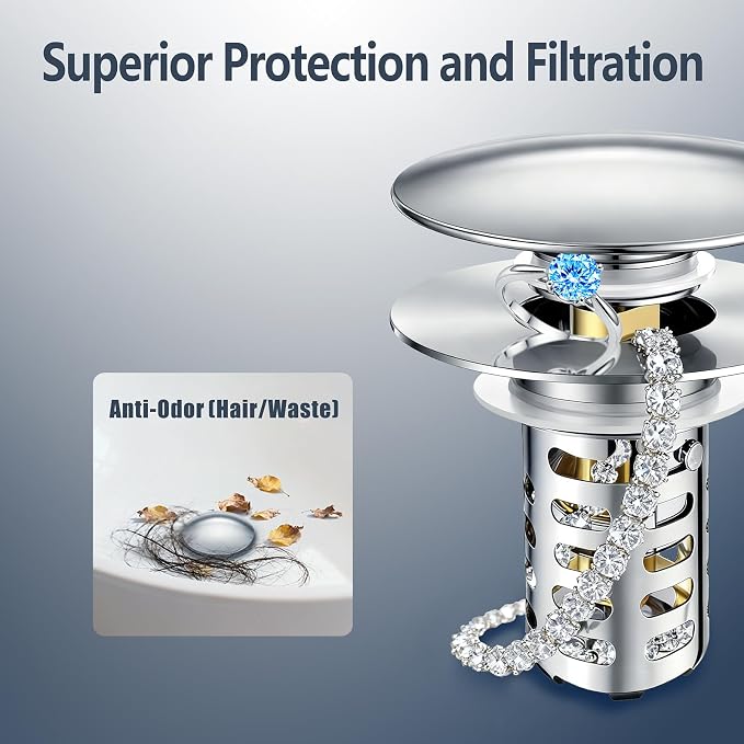 Bathroom Sink Pop-Up Stopper, Sink Drain Strainer Hair Catcher | Universal 1.1"-2.17" Drains, Brass Core & Stainless Steel Mesh, Hair Catcher 2 in 1 bathroom Sink Stopper Strainer
