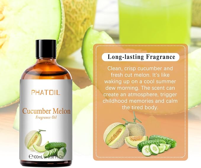 PHATOIL Cucumber Melon Fragrance Oil for Diffuser Aromatherapy 3.38FL.OZ | Long Lasting Scented Oils For Humidifier, Air Freshener, DIY Soap Candle, Scent Project Making, Aroma Oil for Home Freshening