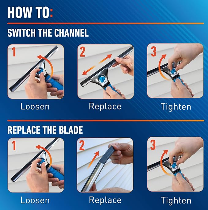 Unger Professional Connect and Clean 18” EZ Change Window and Glass Cleaning Squeegee, Large and Small Windows, Rubber Blade Tool for Streak-Free Results, Includes 12” Channel