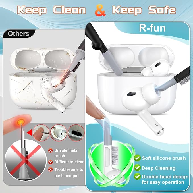 R-fun for AirPods Pro 2 Case, Soft Silicone Protective Cover with Cleaning Kit & Keychain, Support Wireless Charging, Compatible with Apple AirPods Pro 2nd/1st 1st Generation, Black