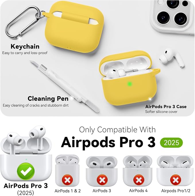 Case for AirPods Pro 3 2025,Come with Cleaner Kit,Yellow | Silicone Protective Cover for Airpod Pro 3rd Generation Case with Keychain,for Women Men,One-Piece Design,Shockproof