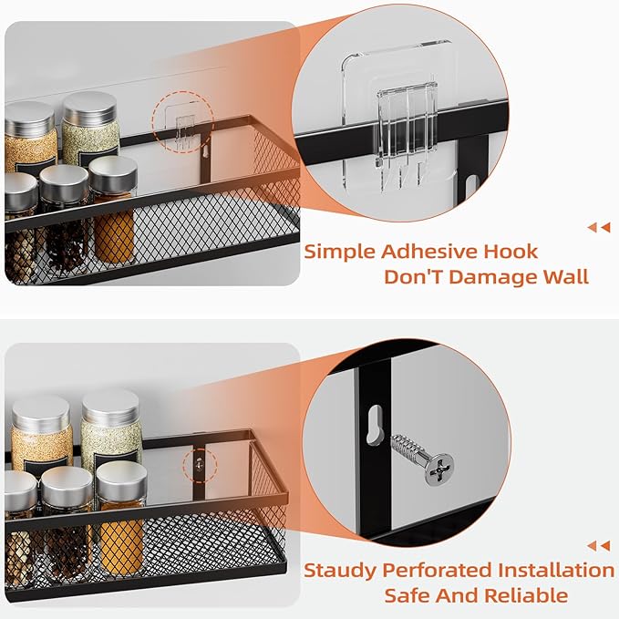Spice Rack Wall Mount, 4 Pack Pantry Door Organizer & Hanging Storage Baskets Organizer Wall Mount, Large Capacity Metal Spice Shelf for Kitchen Cabinet, Pantry Doors, Bathroom, Shower, Home Decor